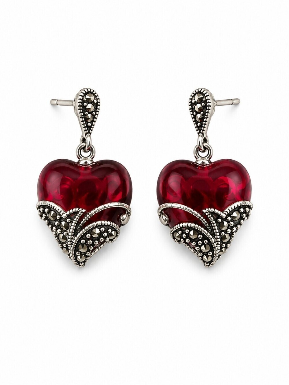 ROSS SIMONS Vintage Style Sterling Silver Red Glass Marcasite Drop Post Earrings